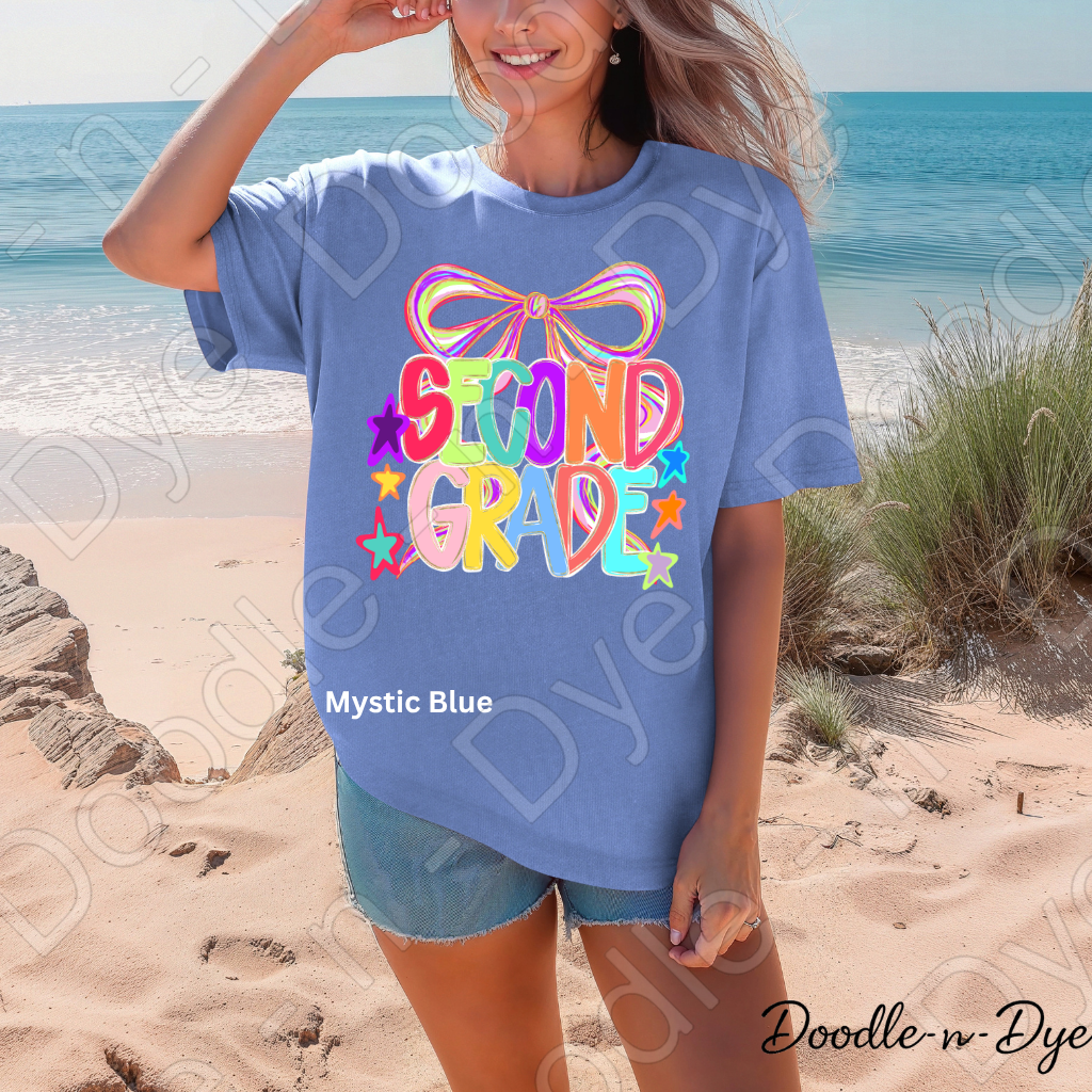 Second Grade Teacher Shirt, Colorful Second Grade Coquette Bow Tee, Grade Level Comfort Colors Back to School Teacher Shirt