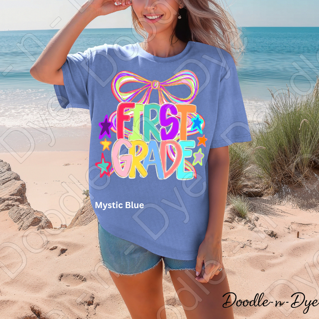 First Grade Teacher Shirt, Colorful First Grade Coquette Bow Tee, Grade Level Comfort Colors Back to School Teacher Shirt