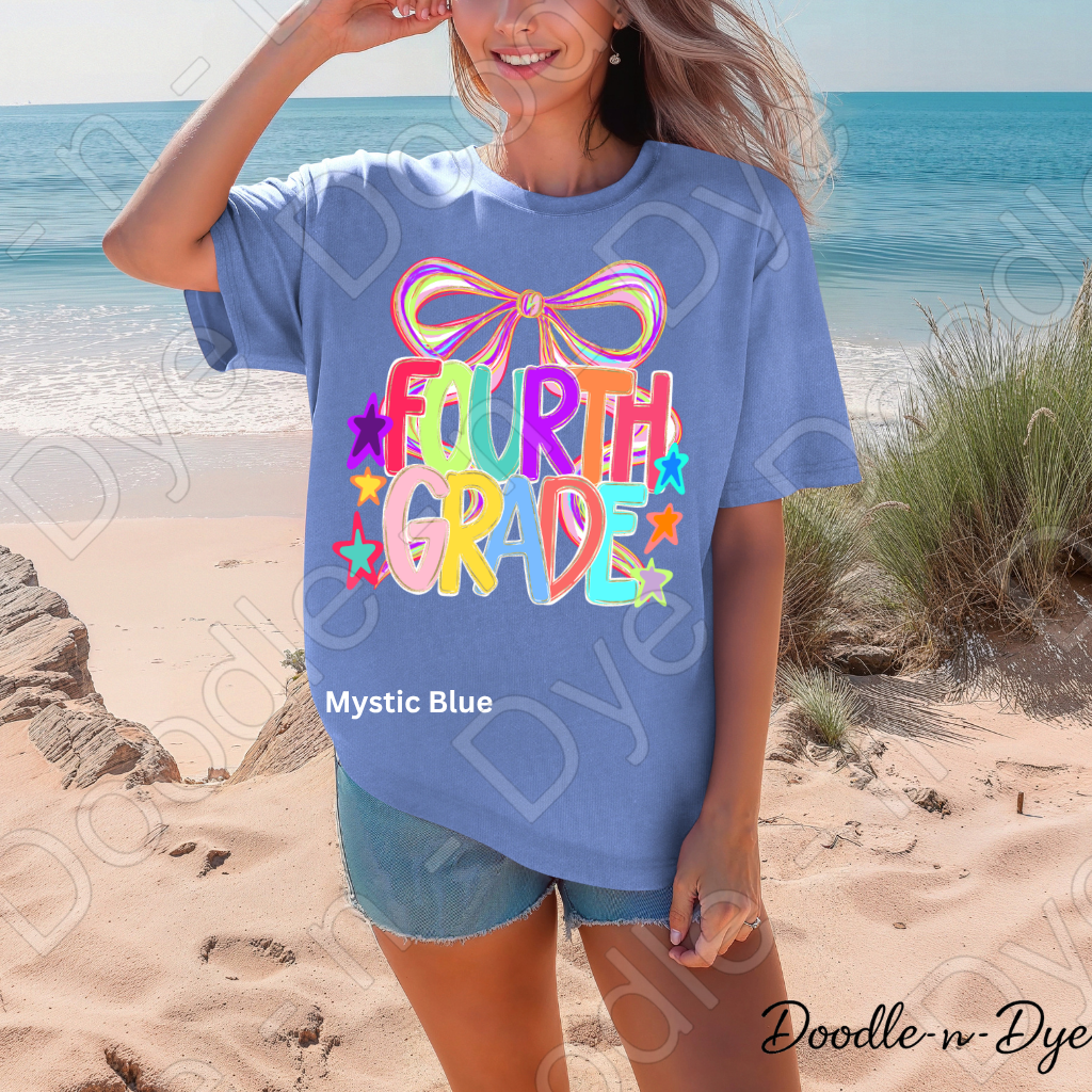 Fourth Grade Teacher Shirt, Colorful Fourth Grade Coquette Bow Tee, Grade Level Comfort Colors Back to School Teacher Shirt