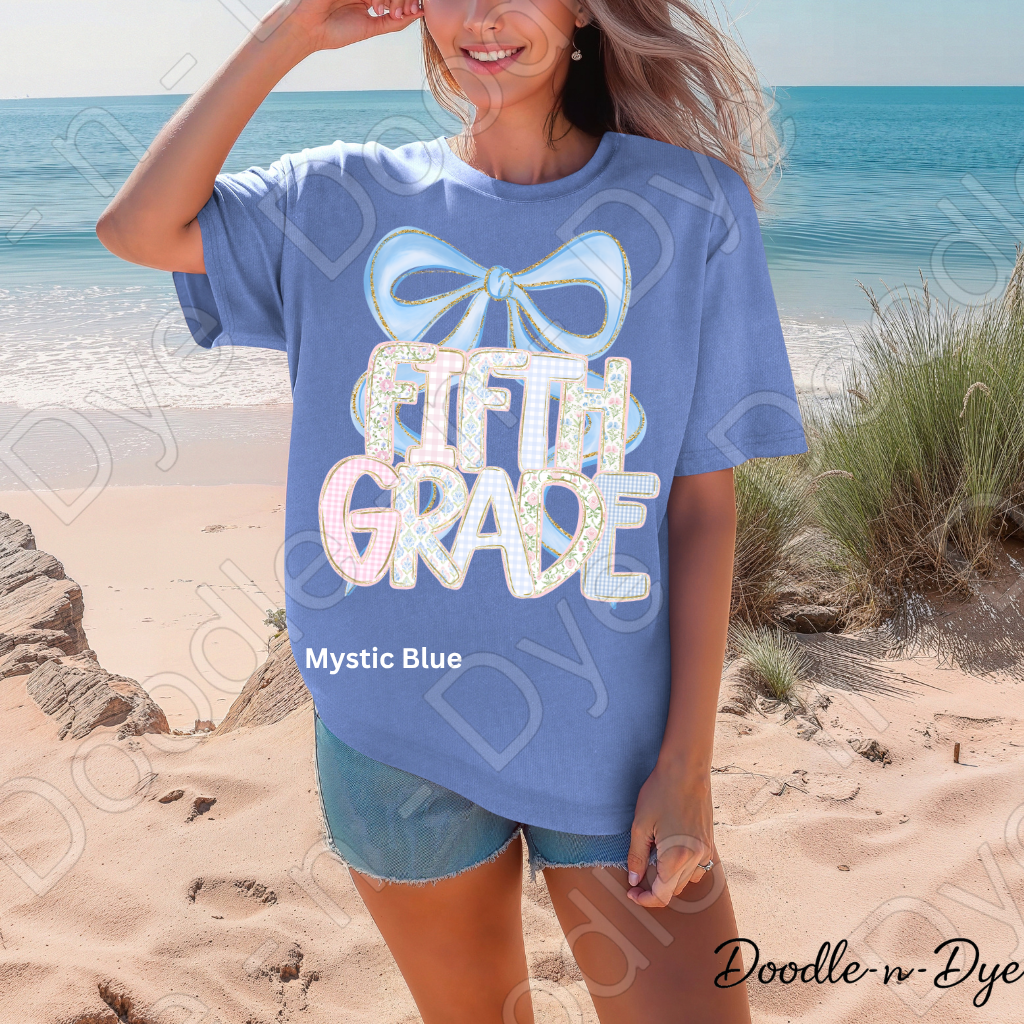 Fifth Grade Team Teacher Shirt, Pastel Coquette Blue Bow Teacher Tee, Grade Level Comfort Colors 1717 Teacher Shirt, Back to School Teacher Gift