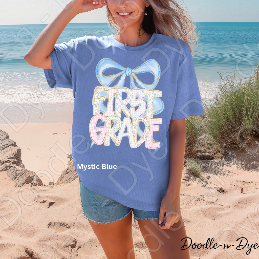 First Grade Teacher Shirt, Coquette Blue Bow First Grade Tee, Grade Level Comfort Colors Back to School Teacher Shirt