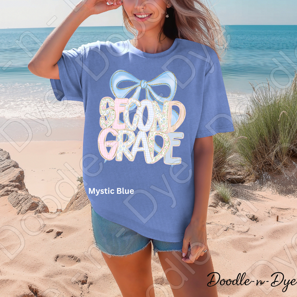 Second Grade Teacher Shirt, Pastel Blue Coquette Bow Teacher Tee, Second Grade Teacher Gift, Grade Level Comfort Colors 1717 Graphic Tee