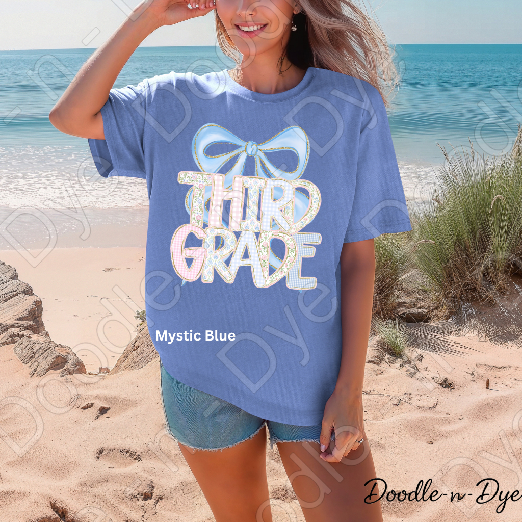 Third Grade Teacher Shirt, Pastel Blue Coquette Bow Teacher Tee, Grade Level Comfort Colors 1717 Teacher Shirt | Back to School Teacher Gift