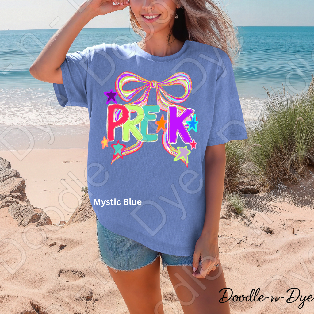 Pre-K Teacher Shirt – Colorful PRE-K Bow Tee | Comfort Colors Preschool Teacher Back to School Shirt