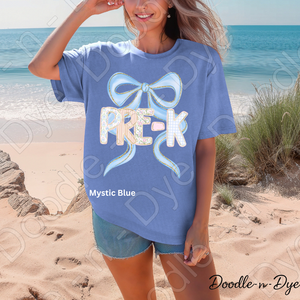 Pre-K Teacher Shirt, Blue Coquette Bow Pre-K Tee, Grade Level Comfort Colors Teacher Shirt for Back to School