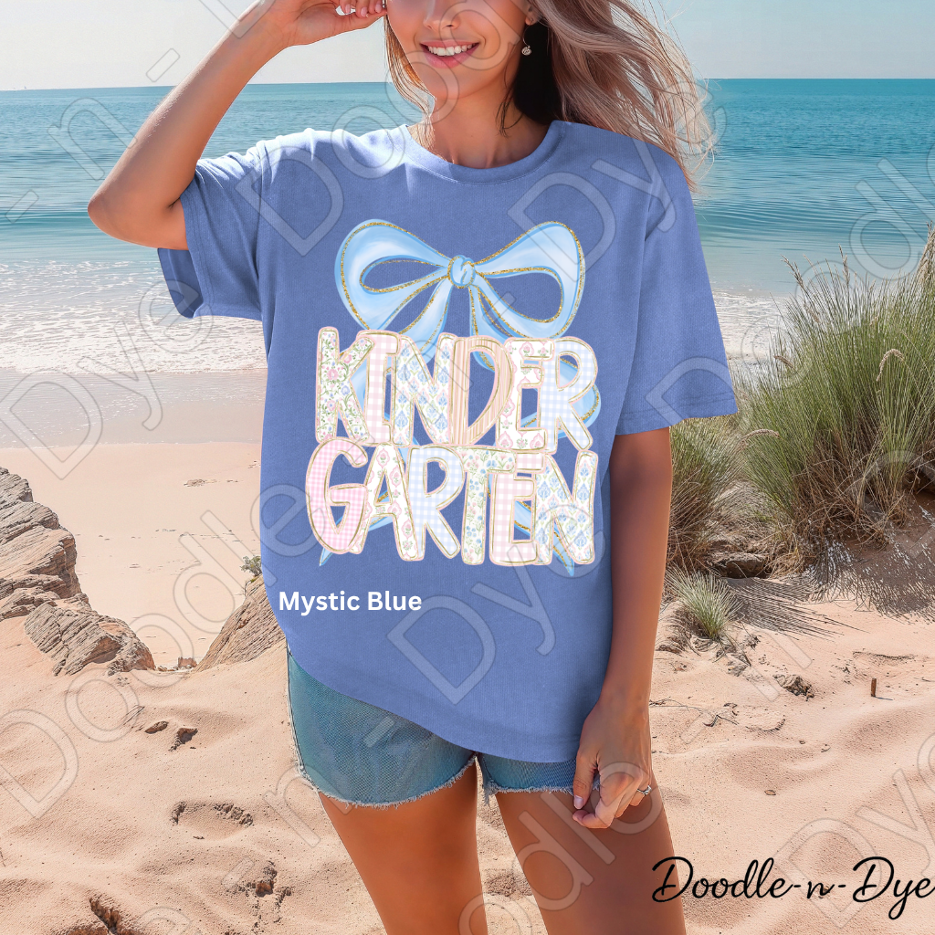 Kindergarten Teacher Shirt, Blue Coquette Bow Kindergarten Tee, Grade Level Comfort Colors Back to School Teacher Shirt