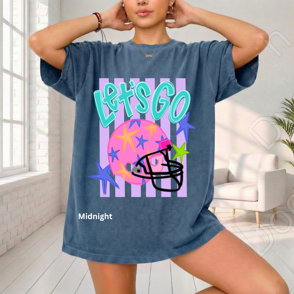 Let’s Go Comfort Colors Tee, Football Spirit Shirt for Women, Cute Game Day Outfit Idea, Colorful Football Helmet Tee, School Spirit and Sports Mom Shirt