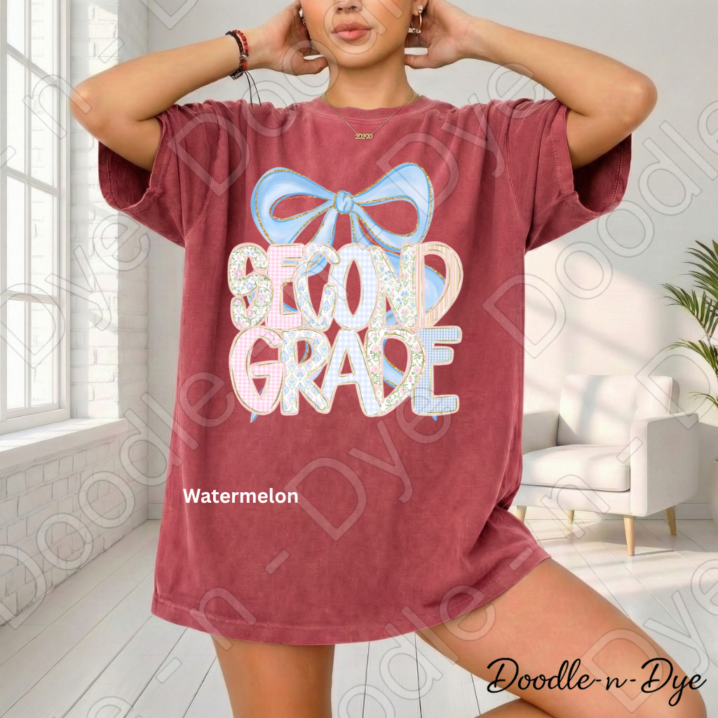 Second Grade Teacher Shirt, Pastel Blue Coquette Bow Teacher Tee, Second Grade Teacher Gift, Grade Level Comfort Colors 1717 Graphic Tee