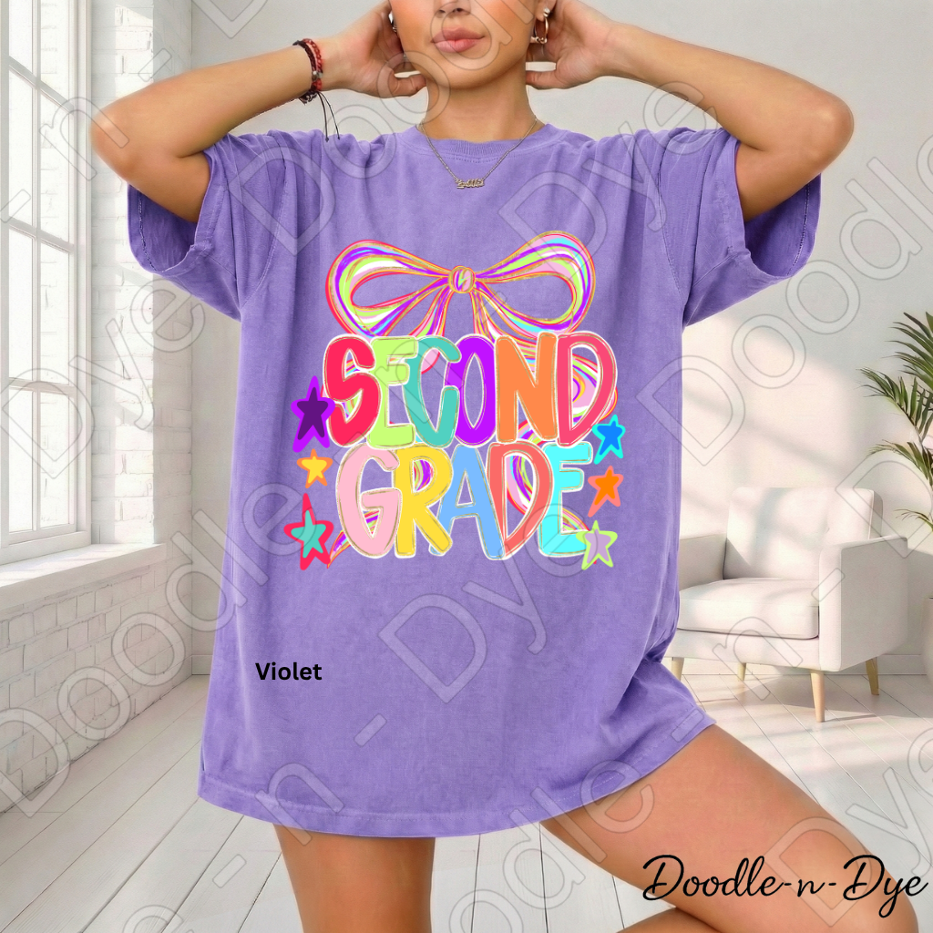 Second Grade Teacher Shirt, Colorful Second Grade Coquette Bow Tee, Grade Level Comfort Colors Back to School Teacher Shirt