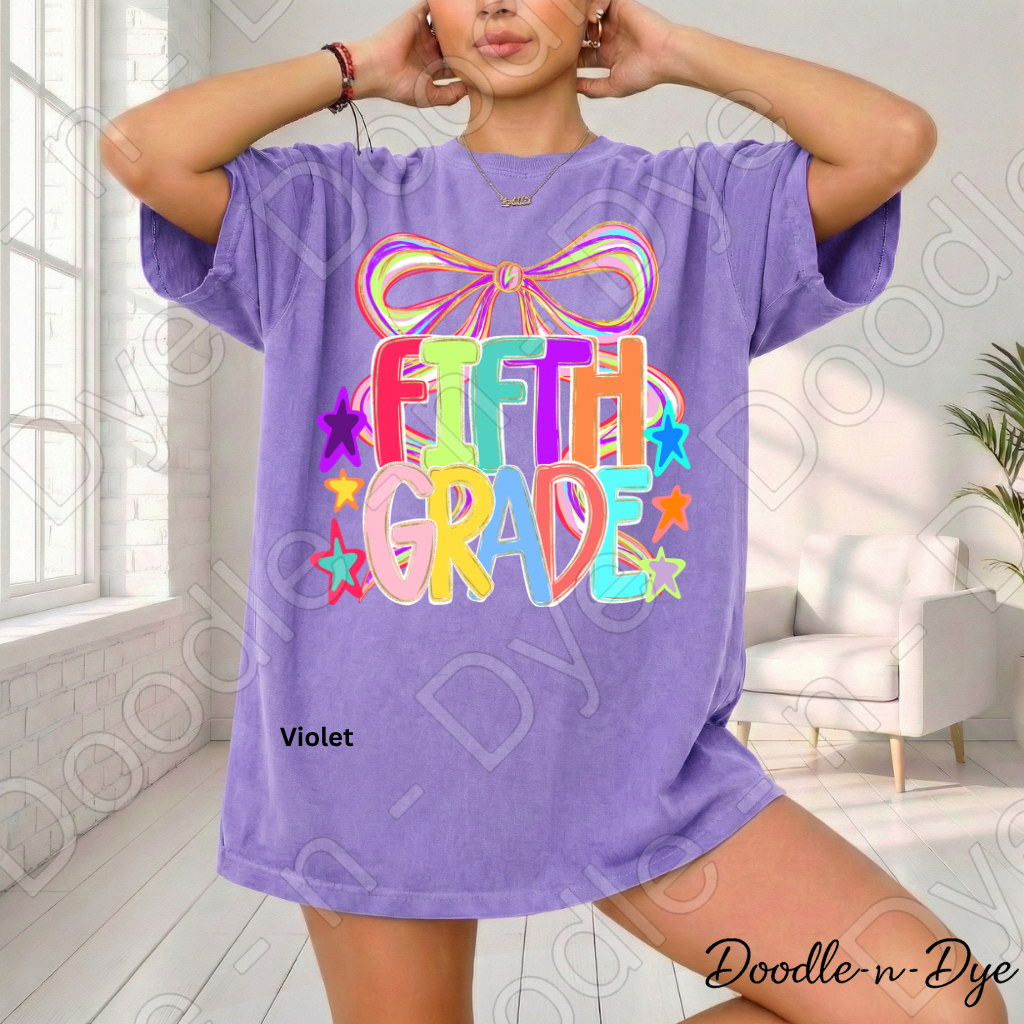 Fifth Grade Teacher Shirt, Colorful Fifth Grade Coquette Bow Tee, Grade Level Comfort Colors Back to School Teacher Shirt