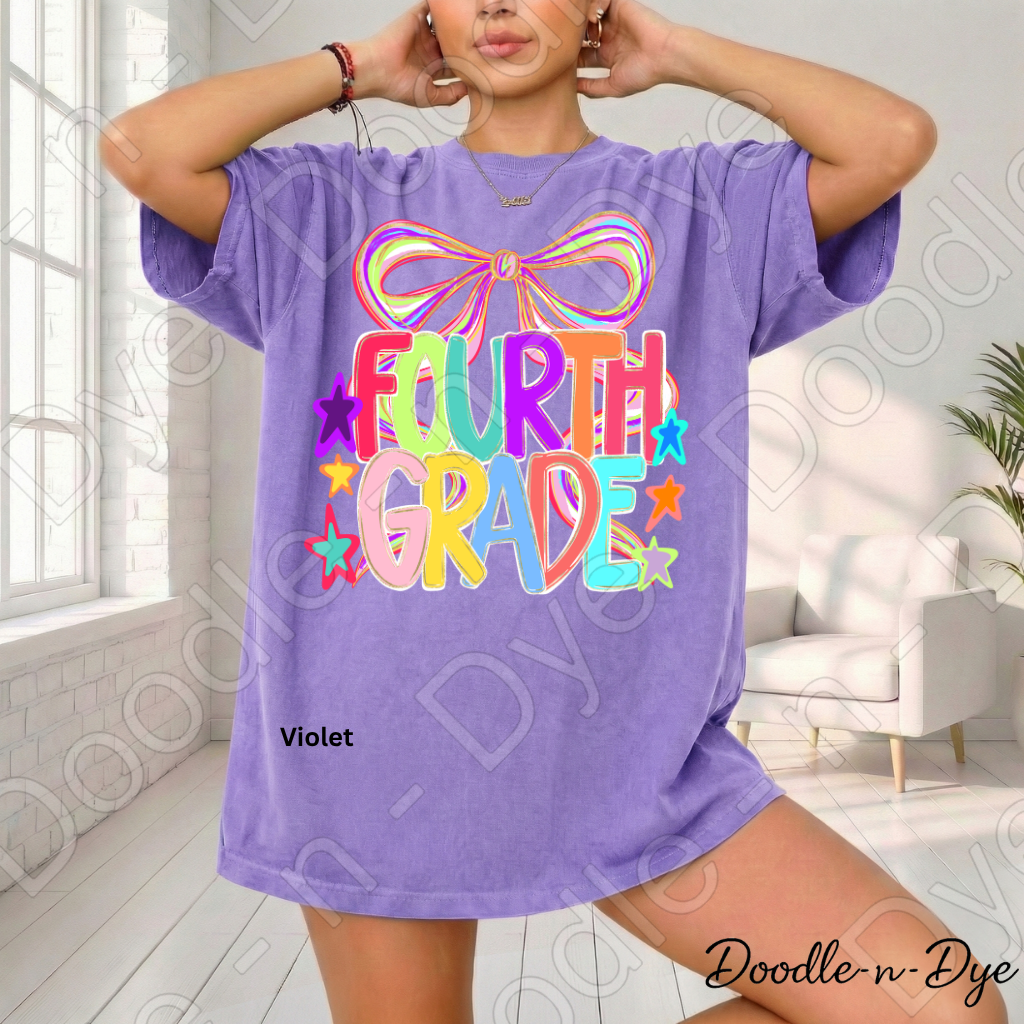 Fourth Grade Teacher Shirt, Colorful Fourth Grade Coquette Bow Tee, Grade Level Comfort Colors Back to School Teacher Shirt