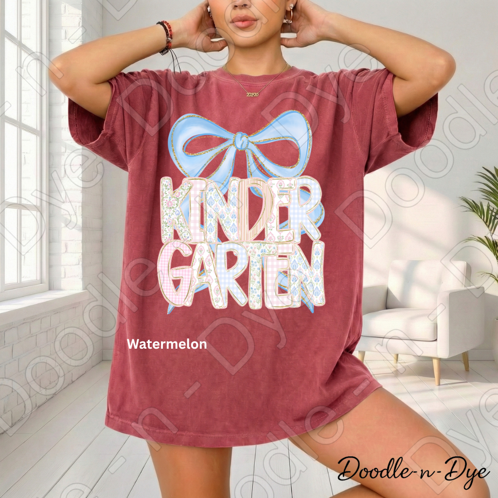 Kindergarten Teacher Shirt, Blue Coquette Bow Kindergarten Tee, Grade Level Comfort Colors Back to School Teacher Shirt