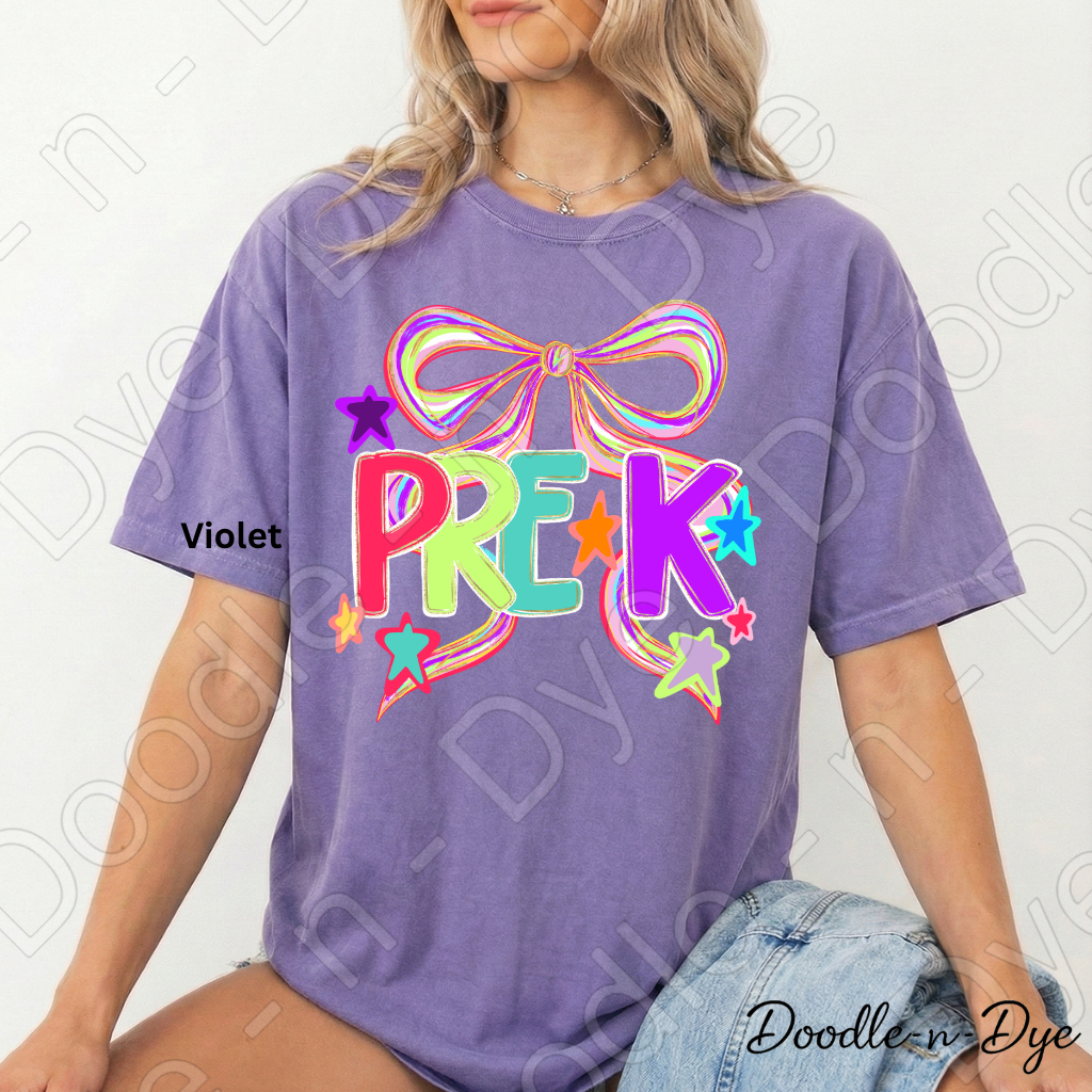Pre-K Teacher Shirt – Colorful PRE-K Bow Tee | Comfort Colors Preschool Teacher Back to School Shirt