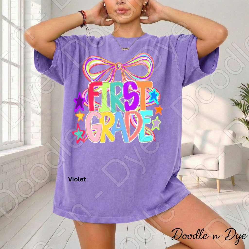 First Grade Teacher Shirt, Colorful First Grade Coquette Bow Tee, Grade Level Comfort Colors Back to School Teacher Shirt