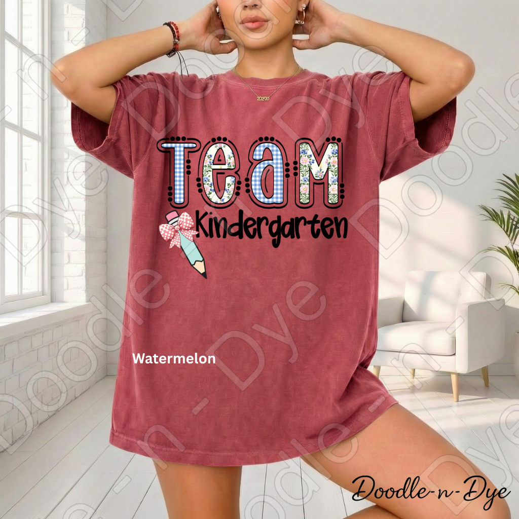 Kindergarten Teacher Shirt, Team Kindergarten Comfort Colors Tee, Doodle-n-Dye Original Design, Grade Level Teacher Team Shirt, Back to School Teacher Gift