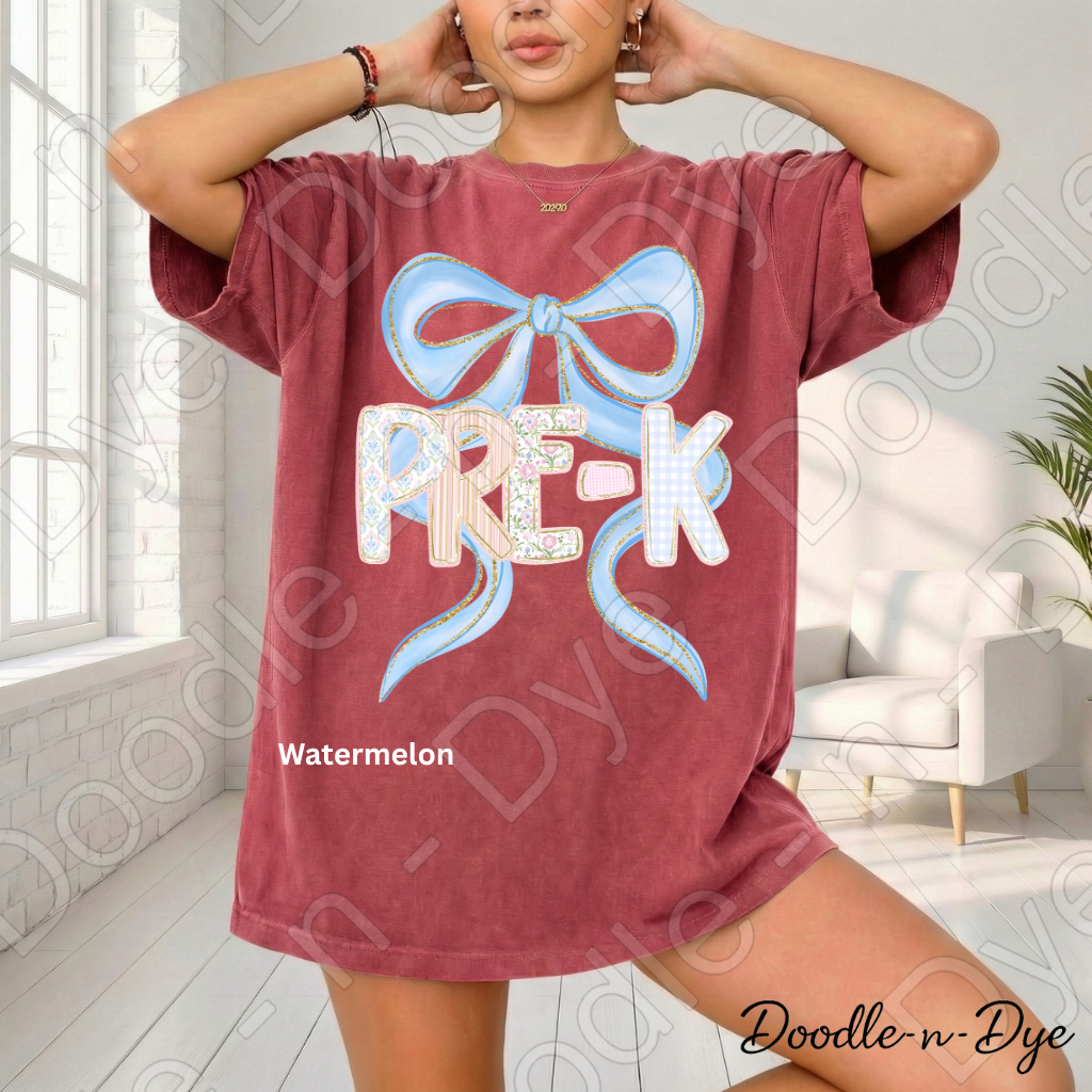 Pre-K Teacher Shirt, Blue Coquette Bow Pre-K Tee, Grade Level Comfort Colors Teacher Shirt for Back to School