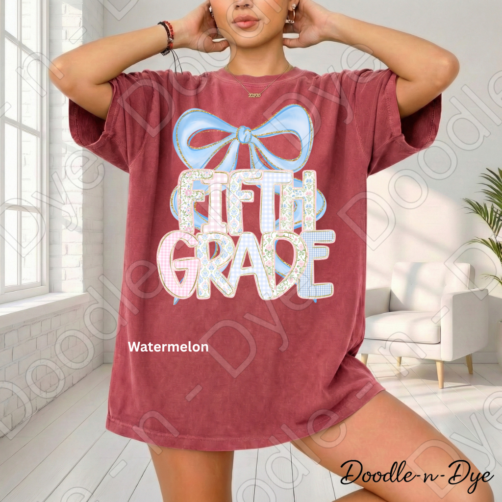 Fifth Grade Team Teacher Shirt, Pastel Coquette Blue Bow Teacher Tee, Grade Level Comfort Colors 1717 Teacher Shirt, Back to School Teacher Gift