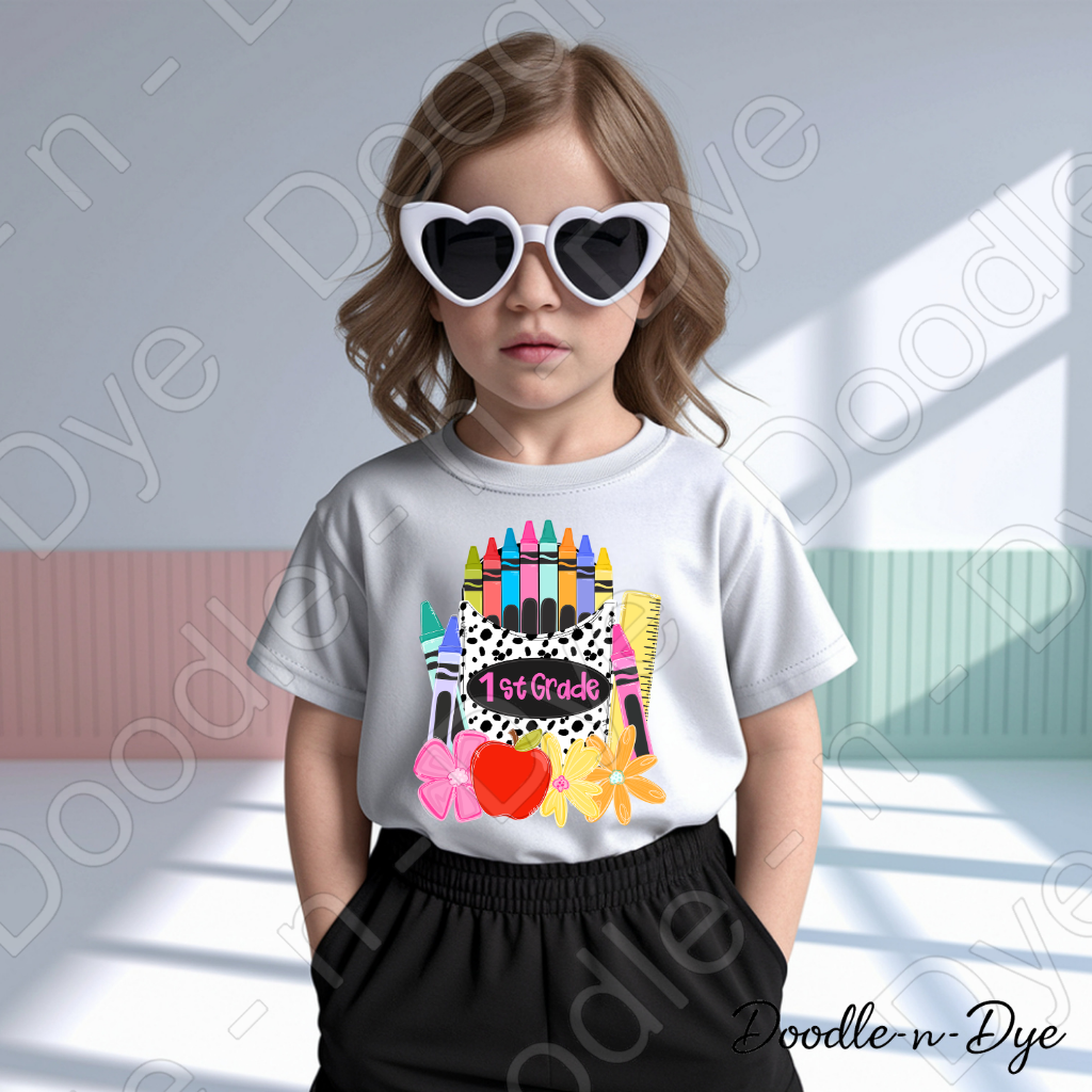 Youth 1st Grade Comfort Colors Tee, Back to School Kids Shirt, Cute Classroom Photo Outfit, Colorful Crayon Pocket First Grade Tee, Beginning of School Student Shirt