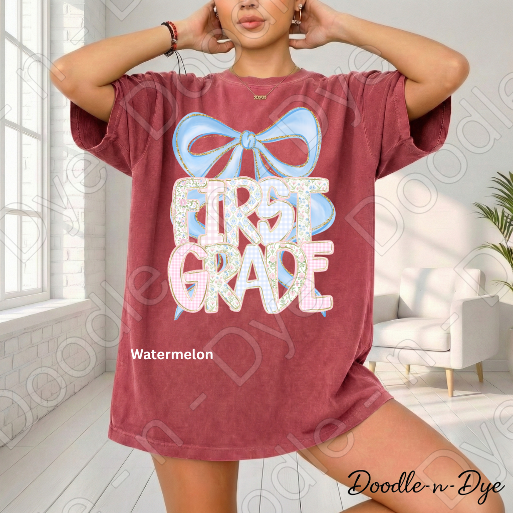 First Grade Teacher Shirt, Coquette Blue Bow First Grade Tee, Grade Level Comfort Colors Back to School Teacher Shirt