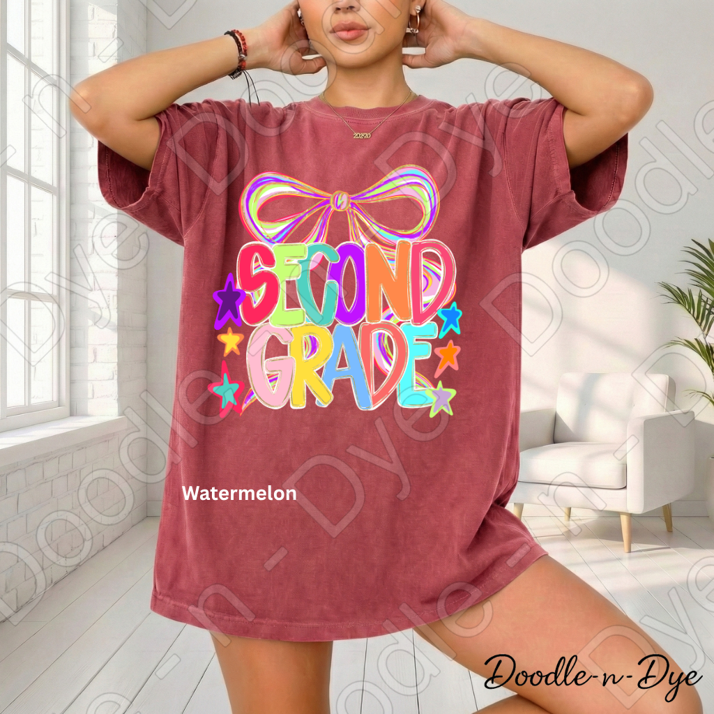 Second Grade Teacher Shirt, Colorful Second Grade Coquette Bow Tee, Grade Level Comfort Colors Back to School Teacher Shirt