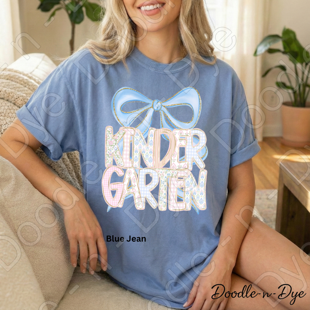 Kindergarten Teacher Shirt, Blue Coquette Bow Kindergarten Tee, Grade Level Comfort Colors Back to School Teacher Shirt