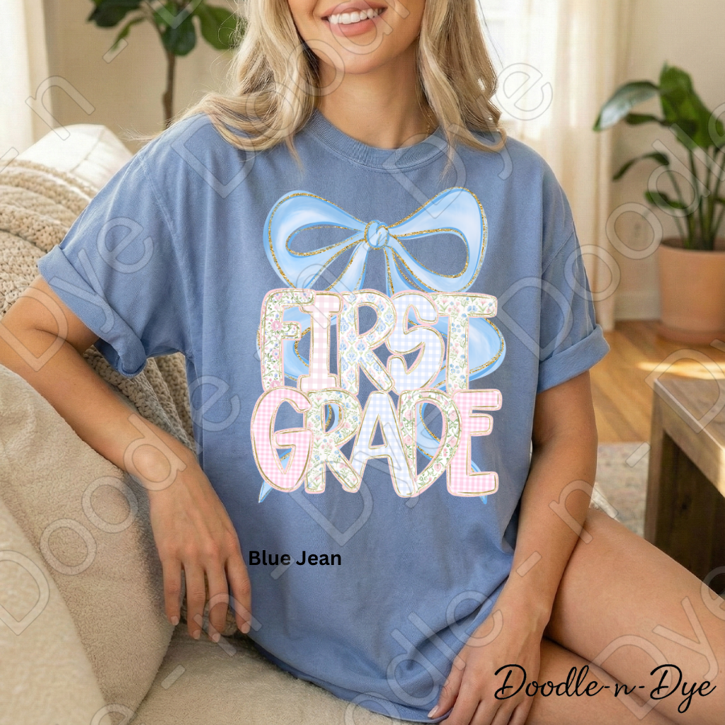 First Grade Teacher Shirt, Coquette Blue Bow First Grade Tee, Grade Level Comfort Colors Back to School Teacher Shirt