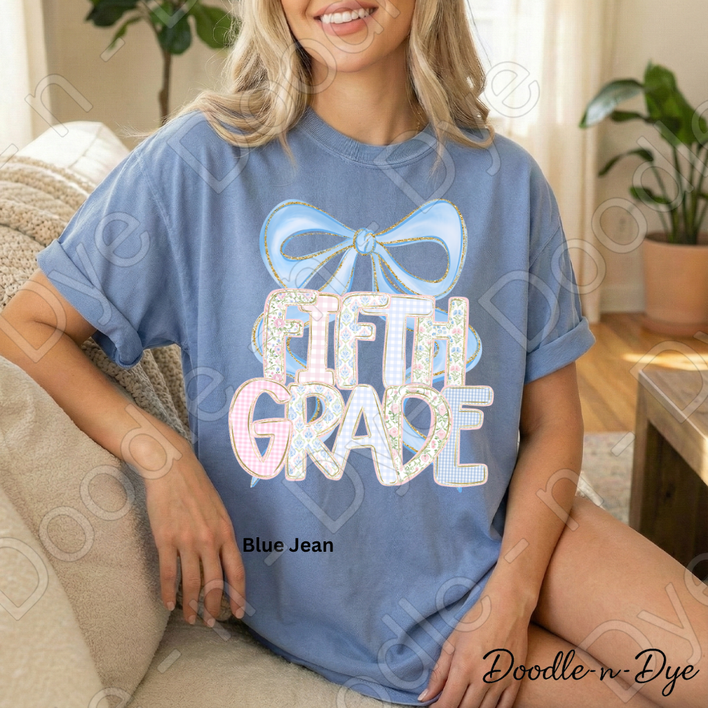 Fifth Grade Team Teacher Shirt, Pastel Coquette Blue Bow Teacher Tee, Grade Level Comfort Colors 1717 Teacher Shirt, Back to School Teacher Gift
