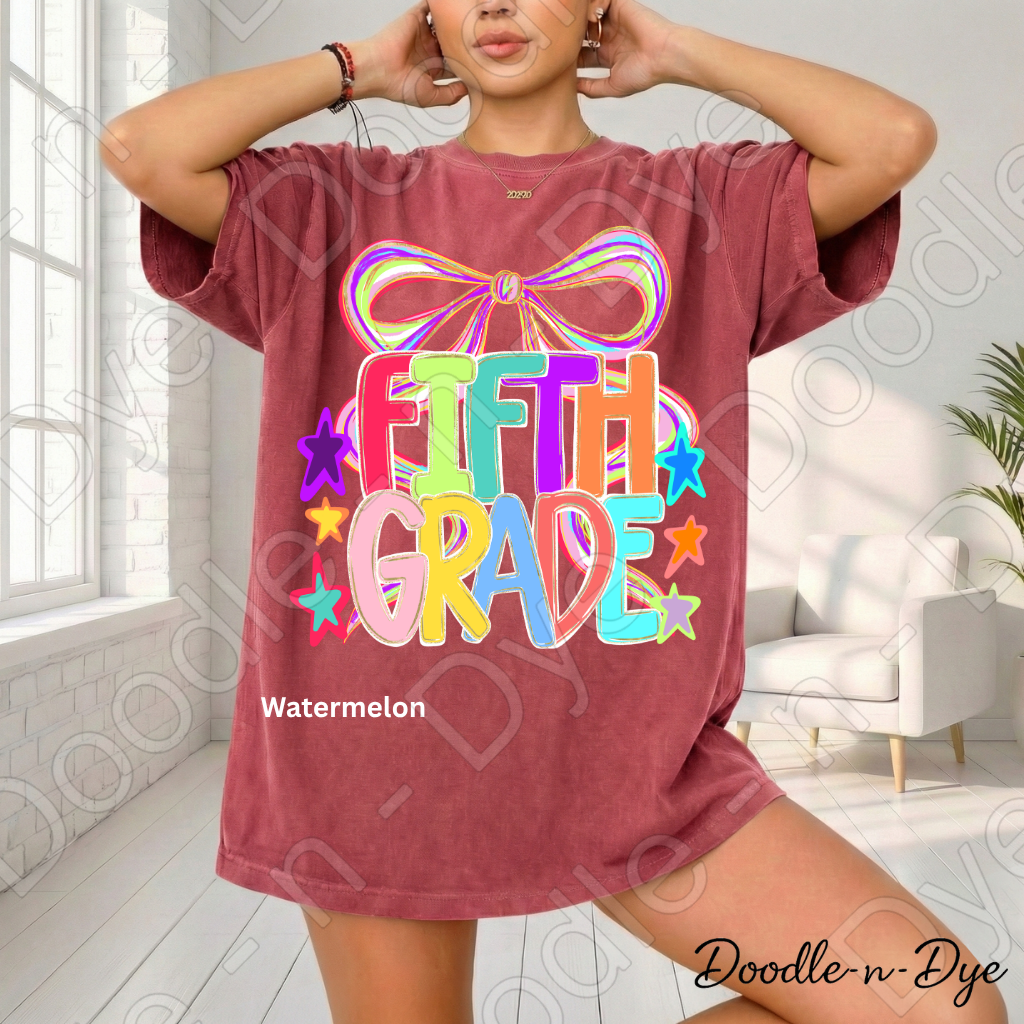 Fifth Grade Teacher Shirt, Colorful Fifth Grade Coquette Bow Tee, Grade Level Comfort Colors Back to School Teacher Shirt