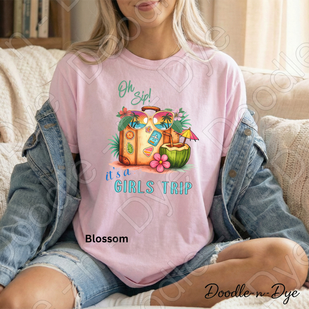 Oh Sip! It's a Girls' Trip Comfort Colors Tee, Vacation Tee, Tropical Girls Trip Shirt, Girls Trip T-Shirt, Fun Travel Tshirt