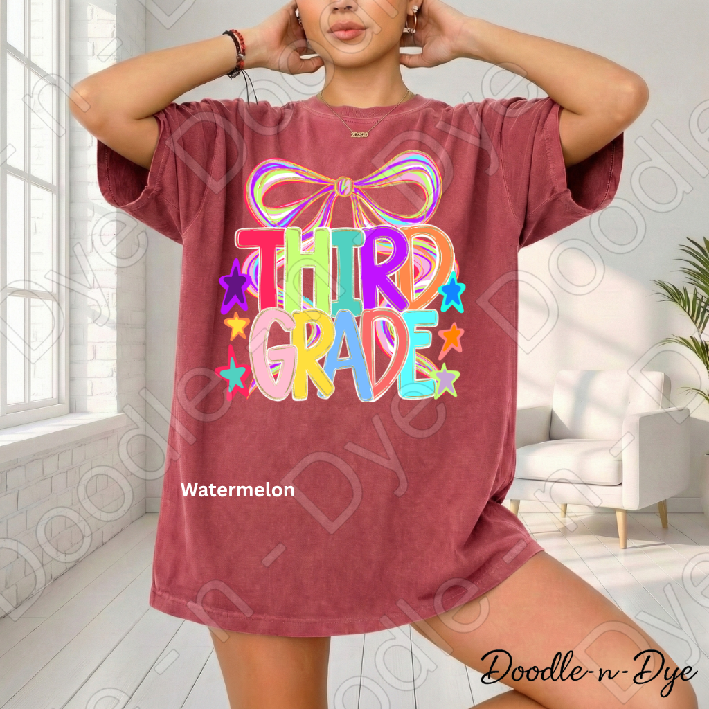 Third Grade Teacher Shirt, Colorful Third Grade Coquette Bow Tee, Grade Level Comfort Colors Back to School Teacher Shirt