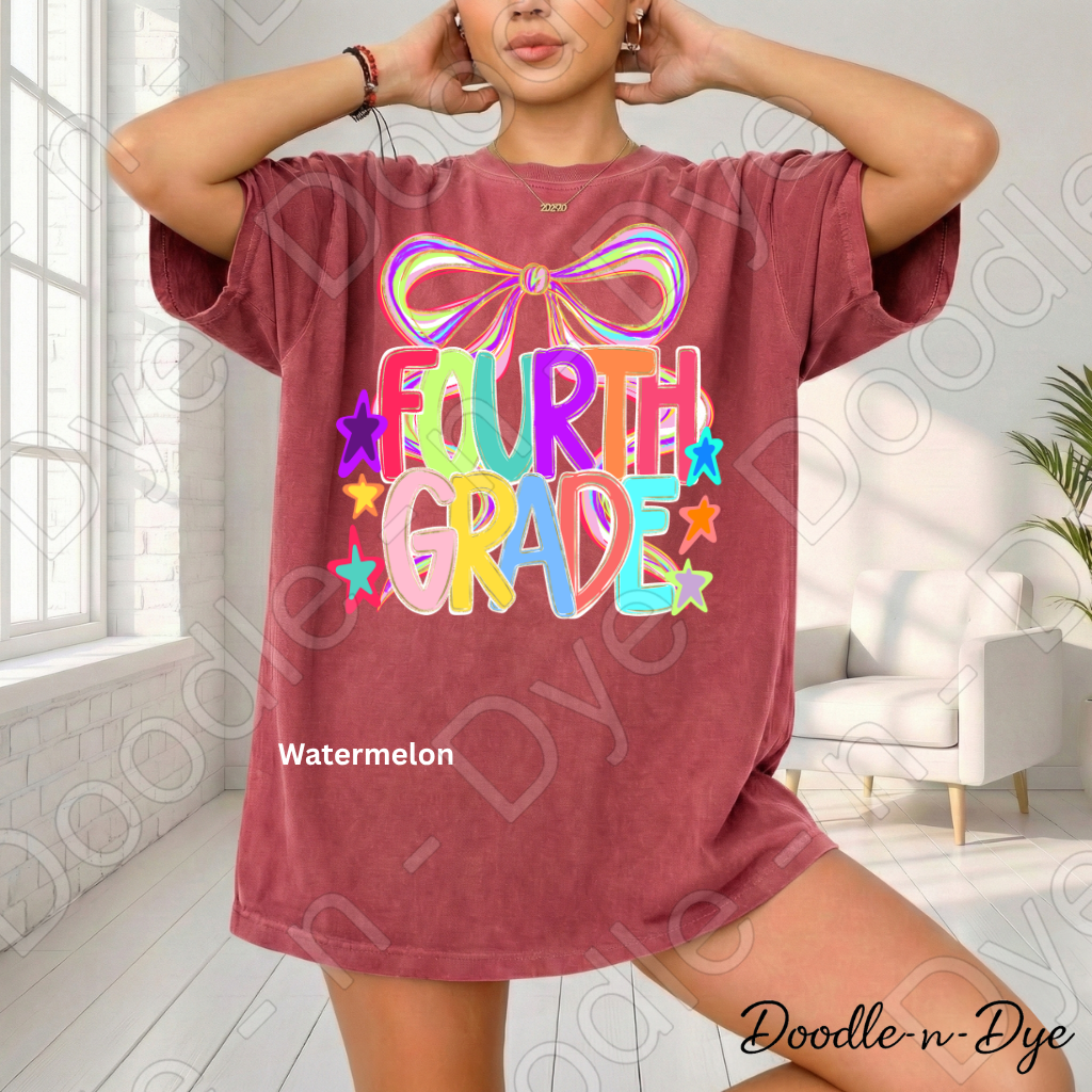 Fourth Grade Teacher Shirt, Colorful Fourth Grade Coquette Bow Tee, Grade Level Comfort Colors Back to School Teacher Shirt