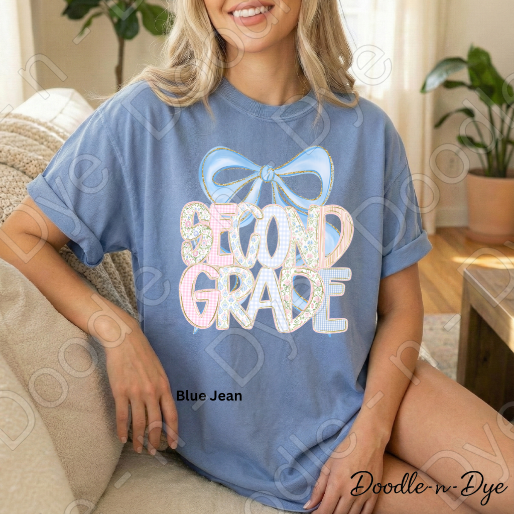 Second Grade Teacher Shirt, Pastel Blue Coquette Bow Teacher Tee, Second Grade Teacher Gift, Grade Level Comfort Colors 1717 Graphic Tee