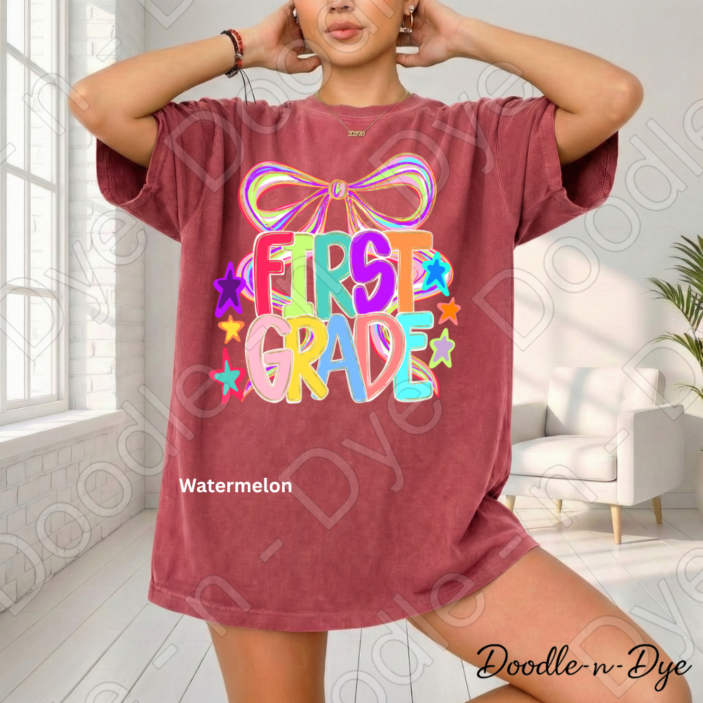 First Grade Teacher Shirt, Colorful First Grade Coquette Bow Tee, Grade Level Comfort Colors Back to School Teacher Shirt
