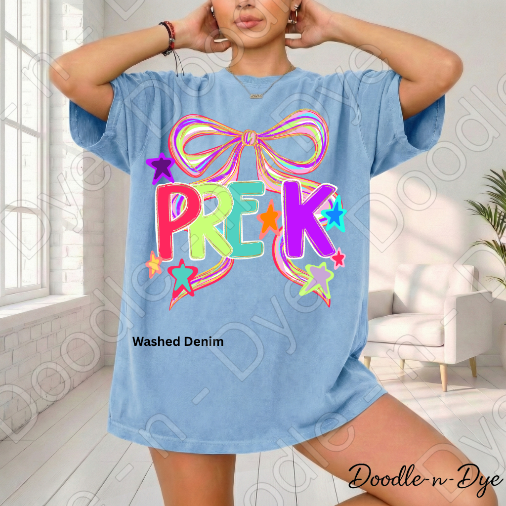 Pre-K Teacher Shirt – Colorful PRE-K Bow Tee | Comfort Colors Preschool Teacher Back to School Shirt