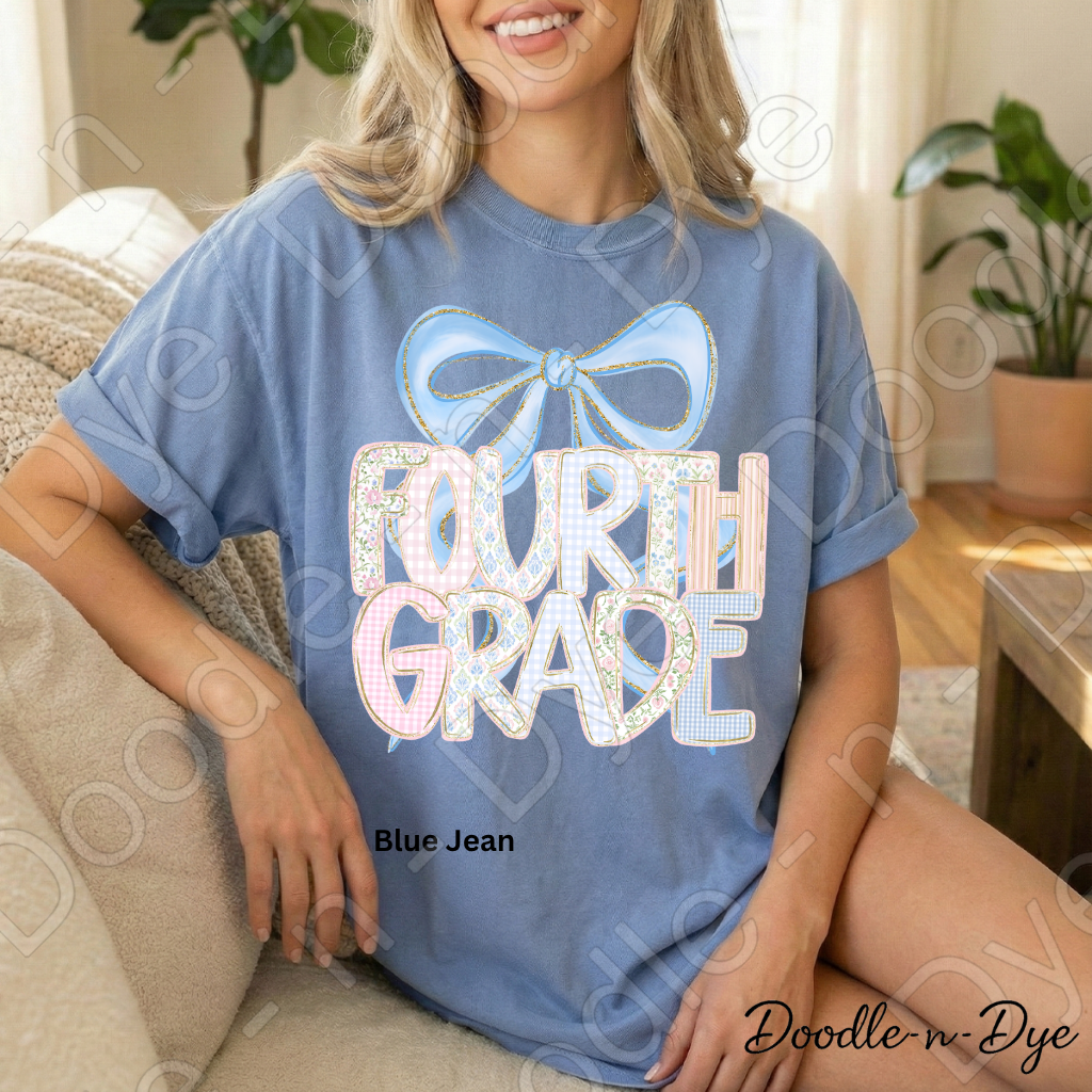 Fourth Grade Teacher Shirt, Pastel Coquette Blue Bow Teacher Tee, Grade Level Comfort Colors 1717 Teacher Shirt | Back to School Teacher Gift