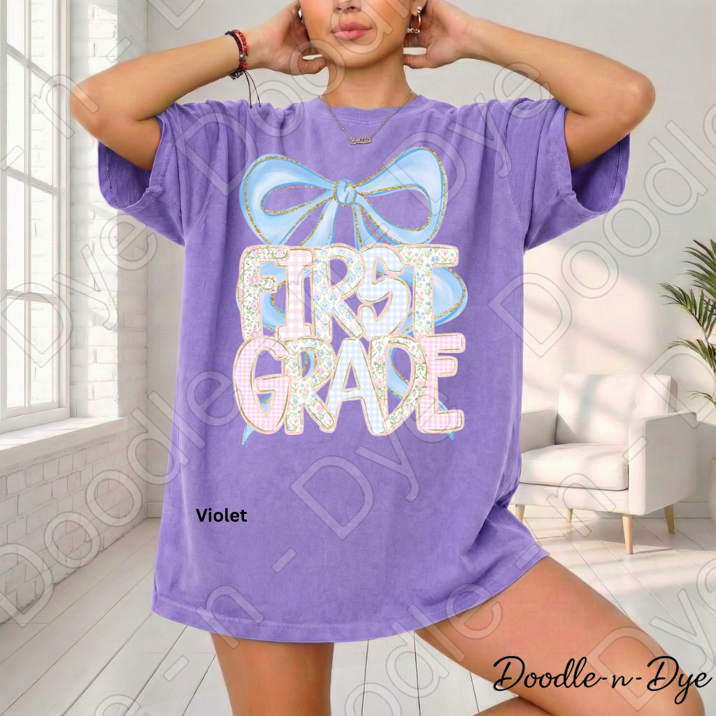 First Grade Teacher Shirt, Coquette Blue Bow First Grade Tee, Grade Level Comfort Colors Back to School Teacher Shirt