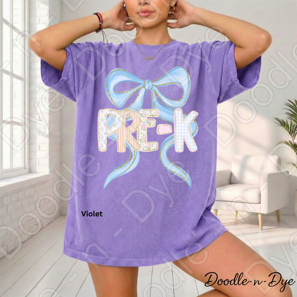 Pre-K Teacher Shirt, Blue Coquette Bow Pre-K Tee, Grade Level Comfort Colors Teacher Shirt for Back to School