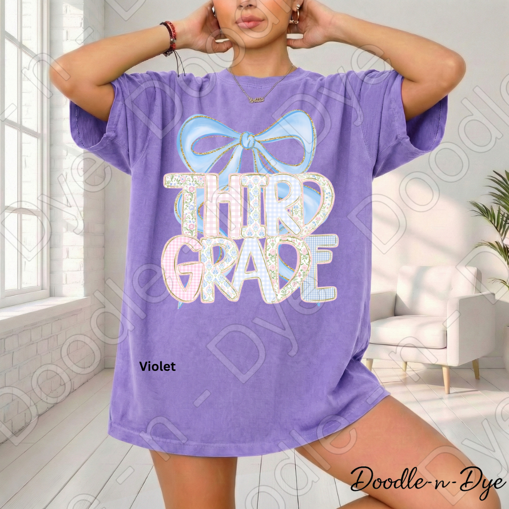 Third Grade Teacher Shirt, Pastel Blue Coquette Bow Teacher Tee, Grade Level Comfort Colors 1717 Teacher Shirt | Back to School Teacher Gift