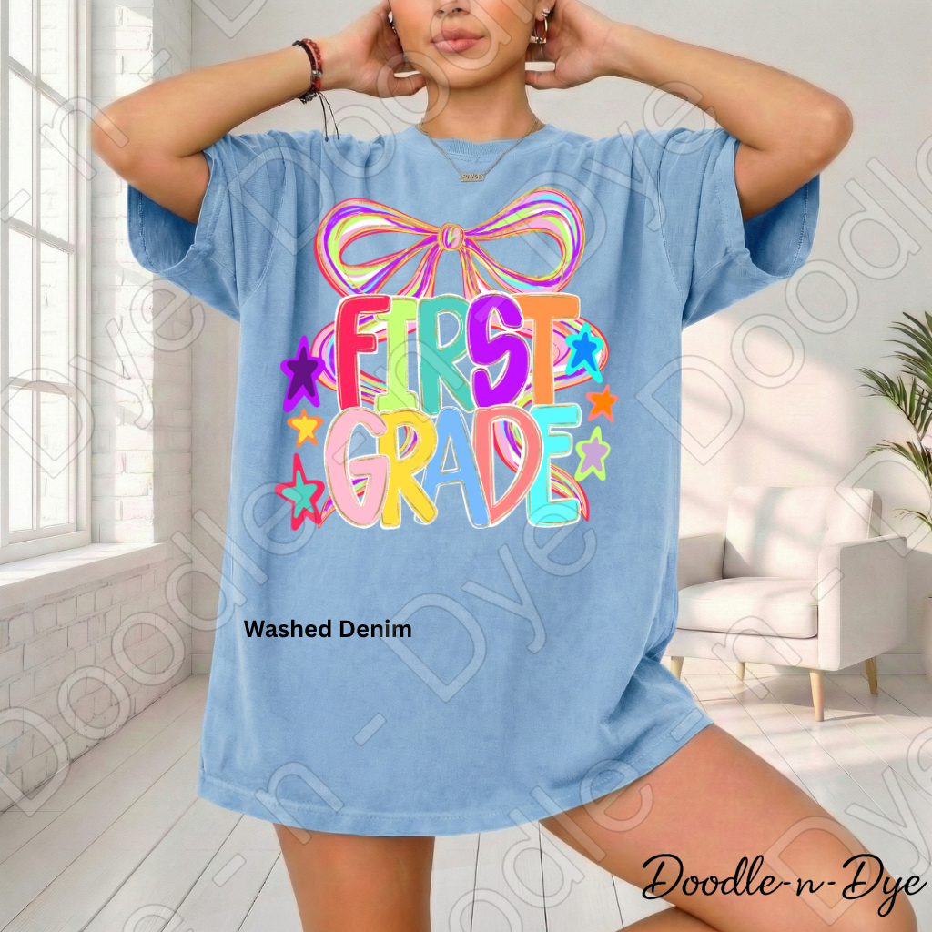 First Grade Teacher Shirt, Colorful First Grade Coquette Bow Tee, Grade Level Comfort Colors Back to School Teacher Shirt