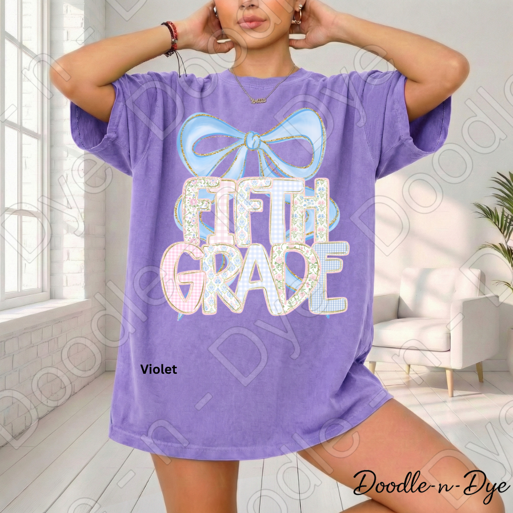 Fifth Grade Team Teacher Shirt, Pastel Coquette Blue Bow Teacher Tee, Grade Level Comfort Colors 1717 Teacher Shirt, Back to School Teacher Gift