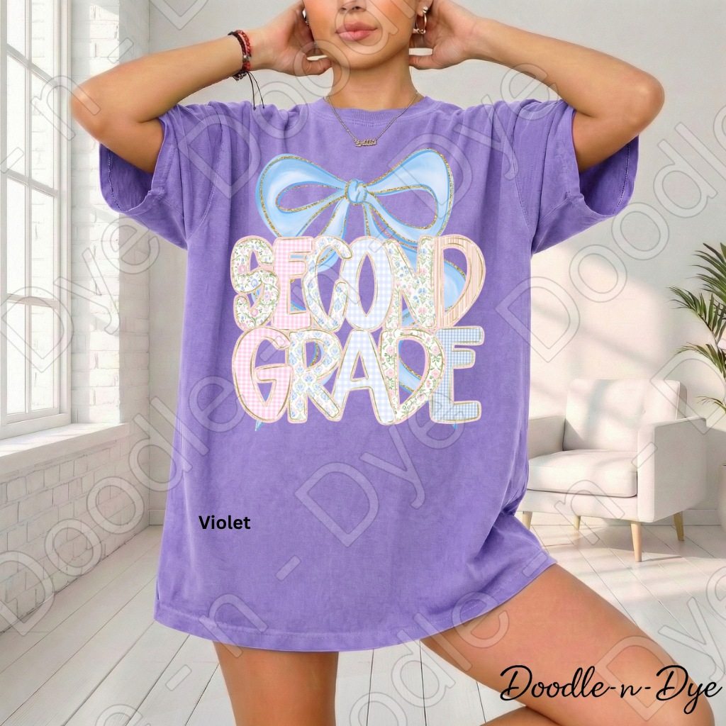 Second Grade Teacher Shirt, Pastel Blue Coquette Bow Teacher Tee, Second Grade Teacher Gift, Grade Level Comfort Colors 1717 Graphic Tee