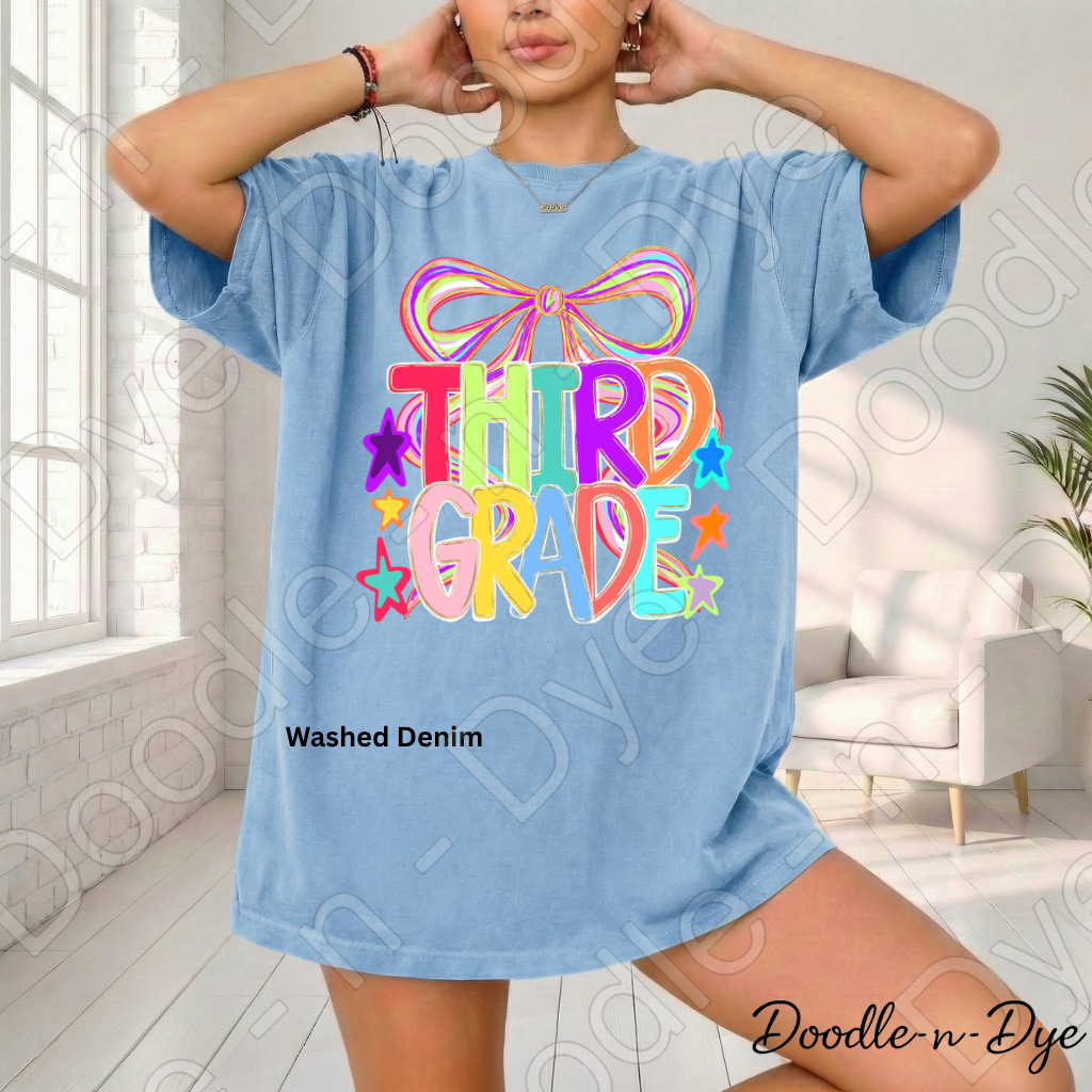 Third Grade Teacher Shirt, Colorful Third Grade Coquette Bow Tee, Grade Level Comfort Colors Back to School Teacher Shirt