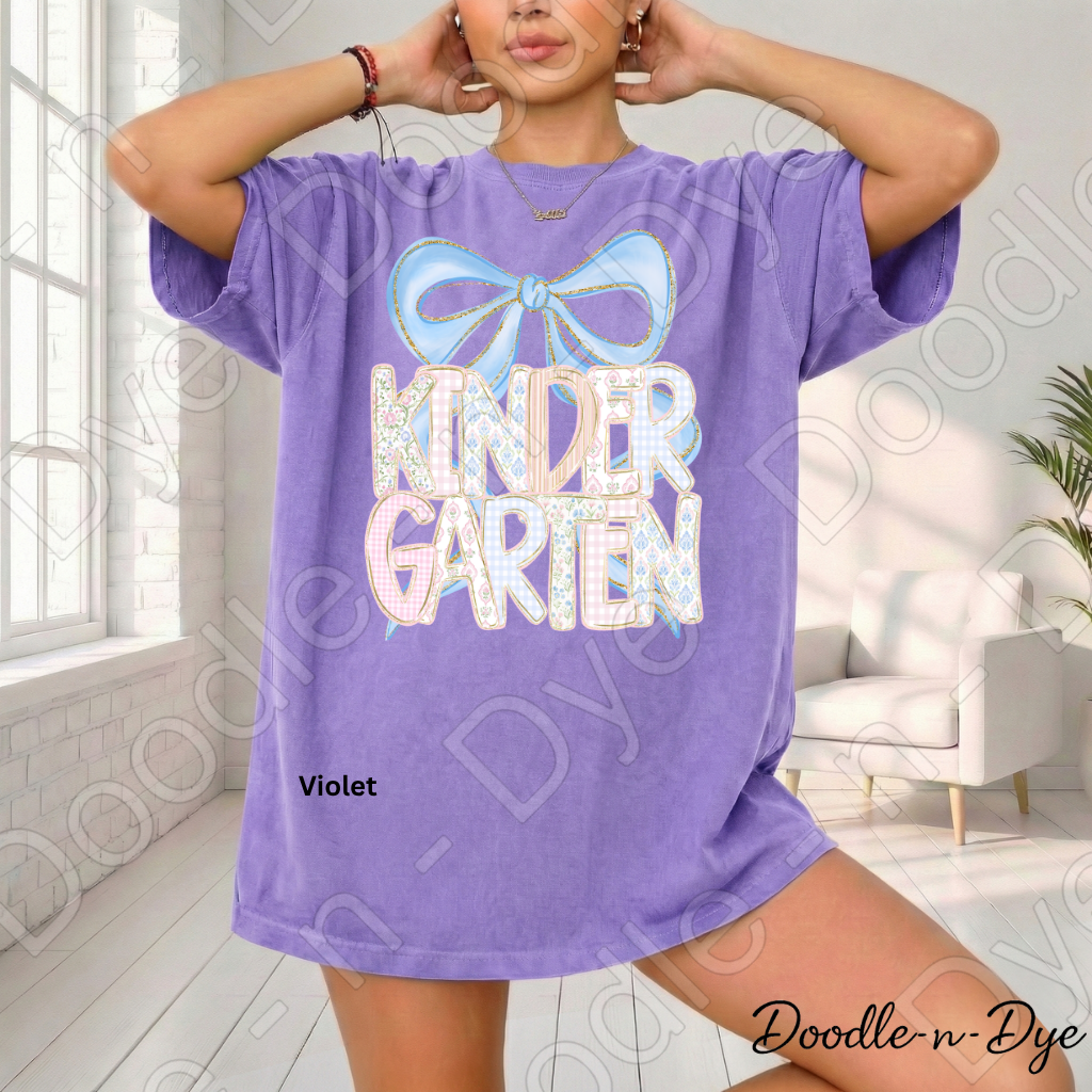 Kindergarten Teacher Shirt, Blue Coquette Bow Kindergarten Tee, Grade Level Comfort Colors Back to School Teacher Shirt