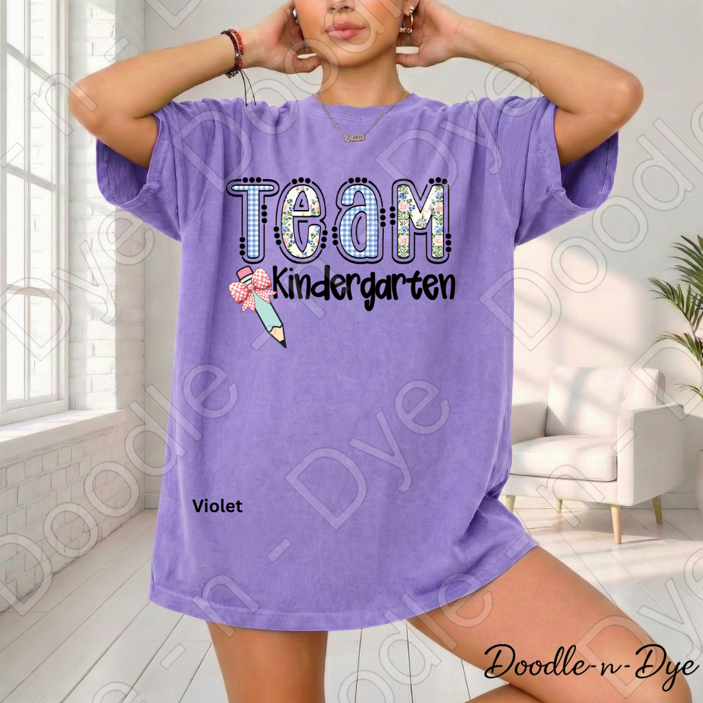 Kindergarten Teacher Shirt, Team Kindergarten Comfort Colors Tee, Doodle-n-Dye Original Design, Grade Level Teacher Team Shirt, Back to School Teacher Gift