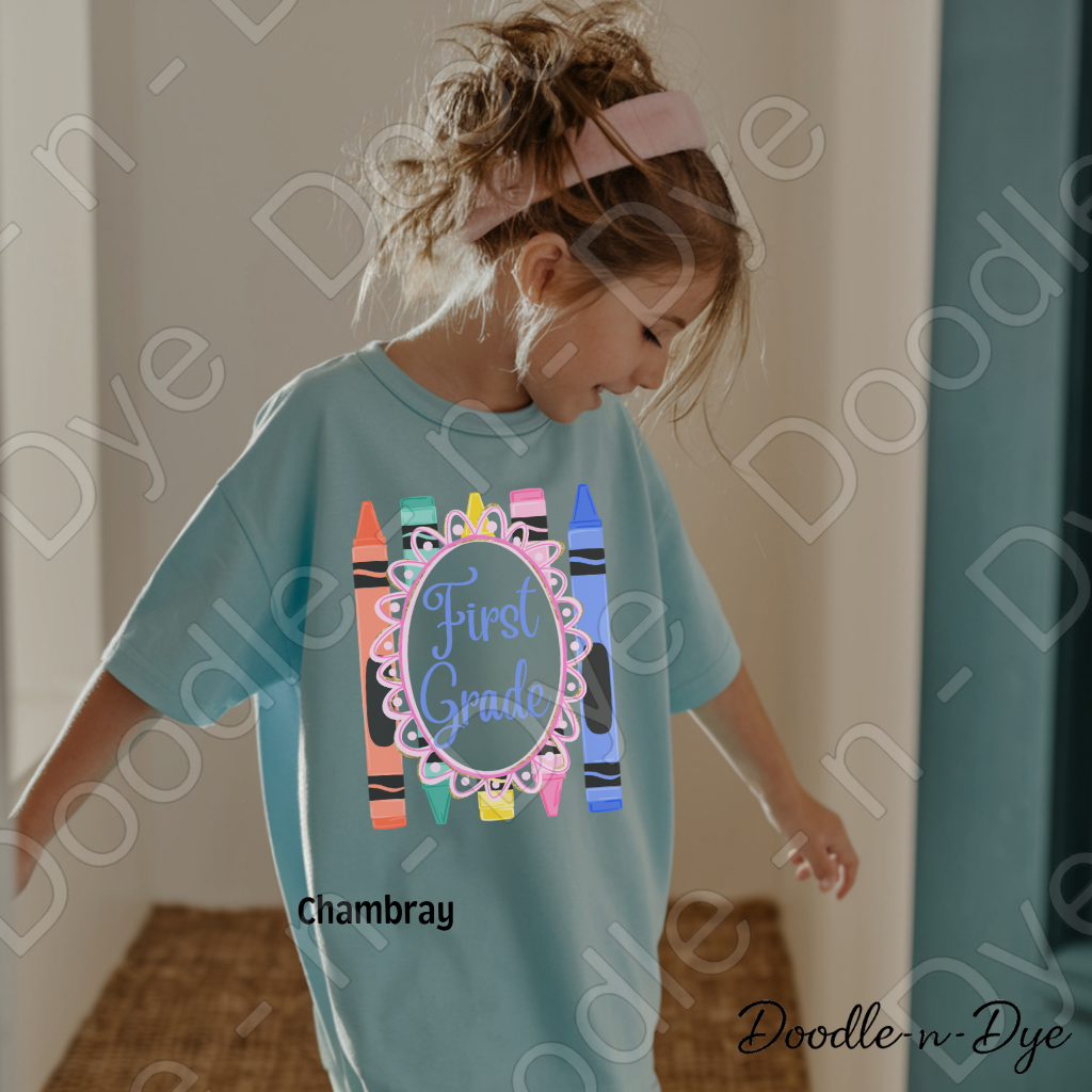 First Grade Youth Comfort Colors Tee, Back to School Kids Shirt, Cute Classroom Photo Outfit, Colorful Crayon First Grade Tee, Beginning of School Student Shirt