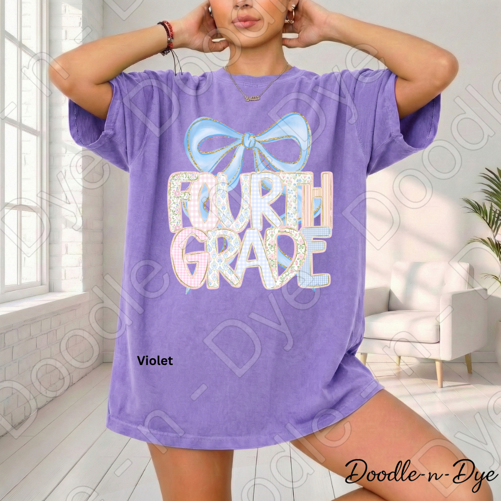Fourth Grade Teacher Shirt, Pastel Coquette Blue Bow Teacher Tee, Grade Level Comfort Colors 1717 Teacher Shirt | Back to School Teacher Gift