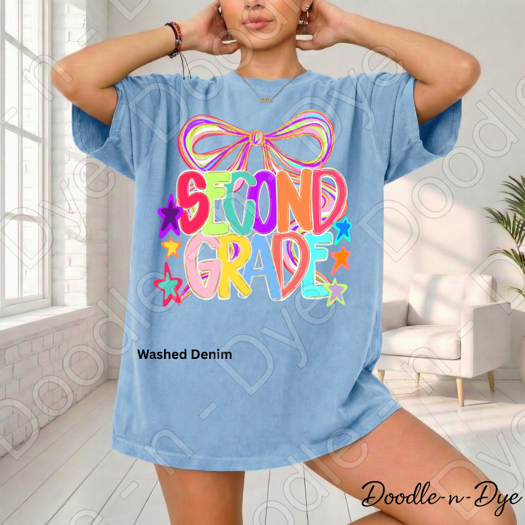 Second Grade Teacher Shirt, Colorful Second Grade Coquette Bow Tee, Grade Level Comfort Colors Back to School Teacher Shirt