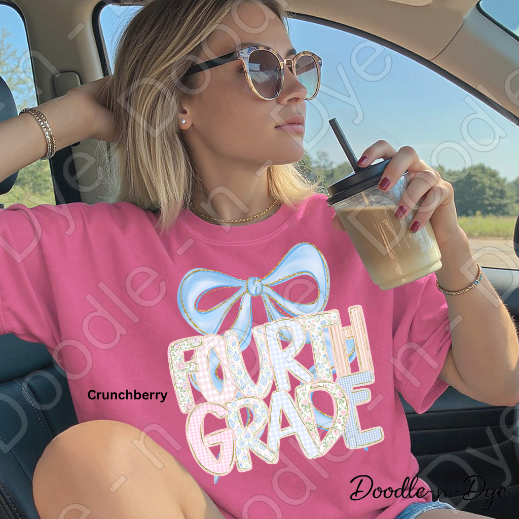 Fourth Grade Teacher Shirt, Pastel Coquette Blue Bow Teacher Tee, Grade Level Comfort Colors 1717 Teacher Shirt | Back to School Teacher Gift