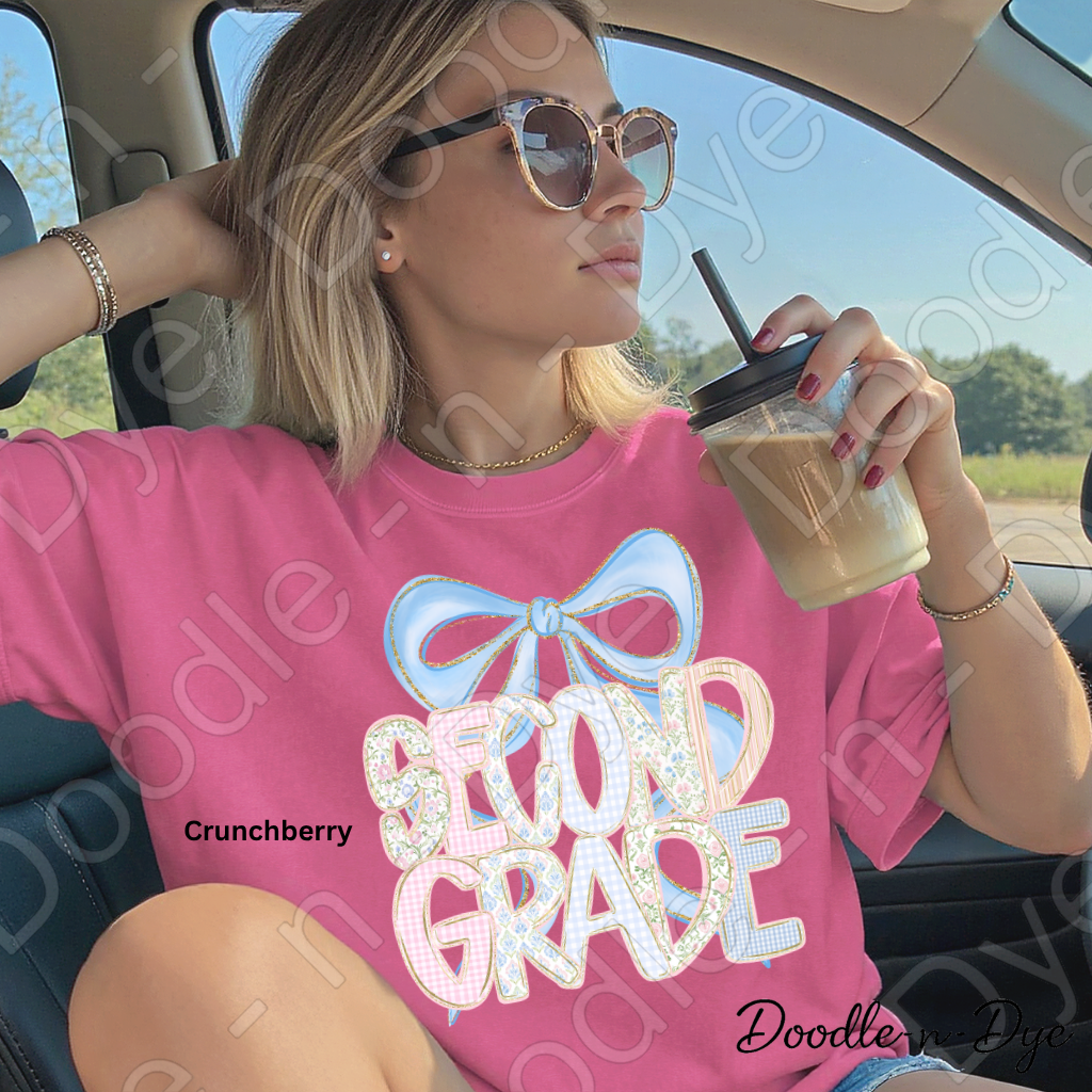 Second Grade Teacher Shirt, Pastel Blue Coquette Bow Teacher Tee, Second Grade Teacher Gift, Grade Level Comfort Colors 1717 Graphic Tee