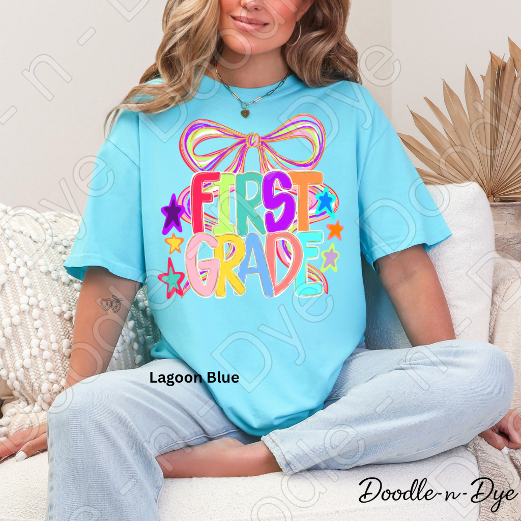 First Grade Teacher Shirt, Colorful First Grade Coquette Bow Tee, Grade Level Comfort Colors Back to School Teacher Shirt